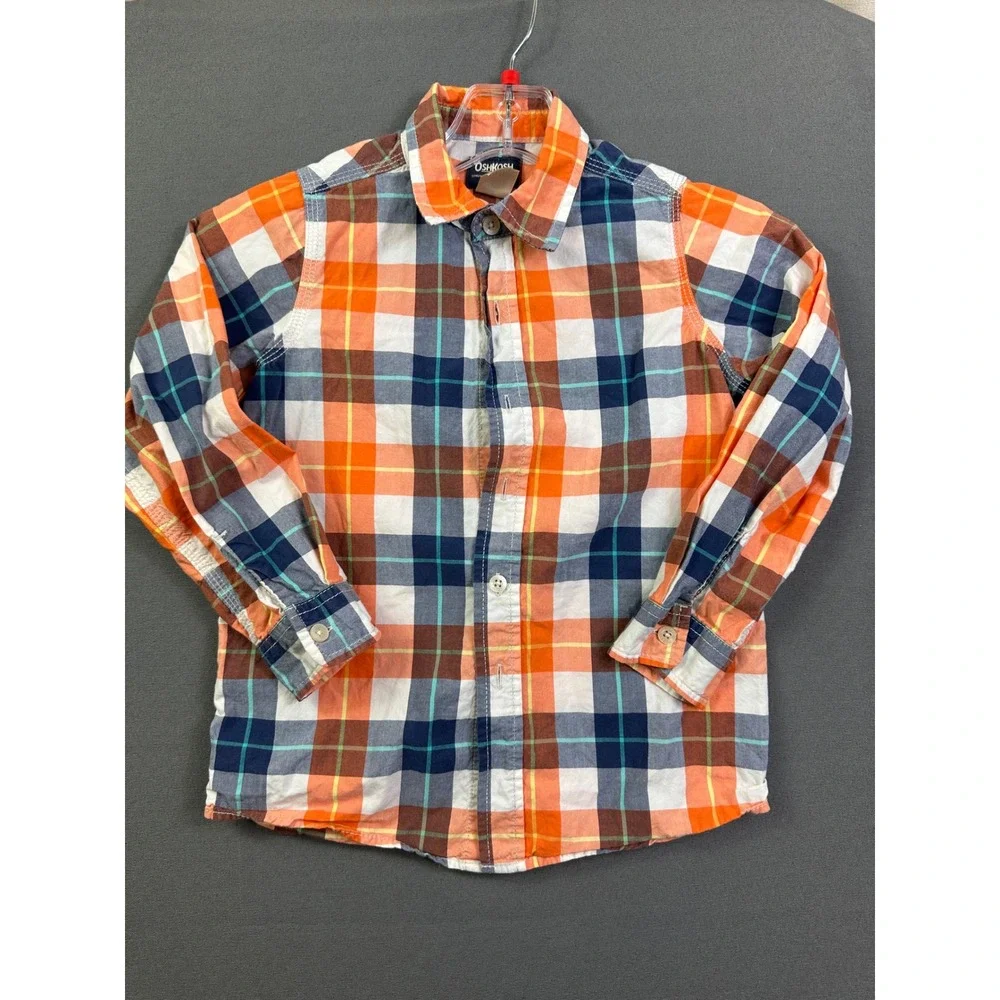 OshKosh Bgosh Boys Orange‎ Navy Blue Plaid Button Down Shirt Size 7 Long Sleeve
